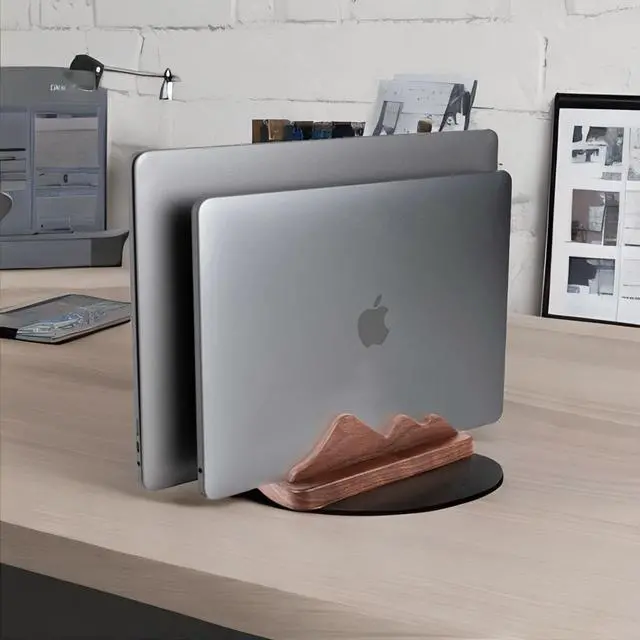 Alt view image 5 of 6 - Dual Vertical Laptop Holder for Desk and Side Table, Space Saver, Adjustable Slot Vertical Laptop Holder - Minimal, Upright and Walnut Wood for MacBooks, iPads, Tablets, and Phones!