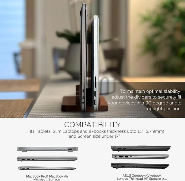 Alt view image 4 of 6 - Dual Vertical Laptop Holder for Desk and Side Table, Space Saver, Adjustable Slot Vertical Laptop Holder - Minimal, Upright and Walnut Wood for MacBooks, iPads, Tablets, and Phones!