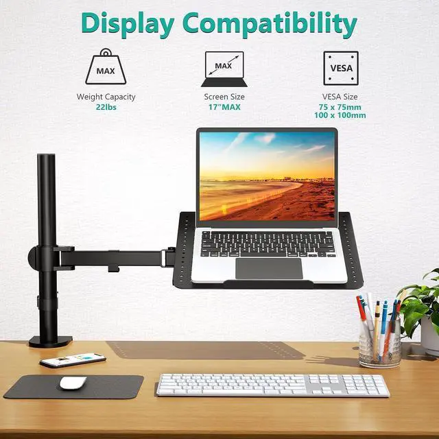 Alt view image 2 of 7 - Laptop Tray Desk Mount for 1 Laptop Notebook up to 17 inch Fully Adjustable 22 lbs Capacity with Vented Cooling Platform Stand (M00LP)