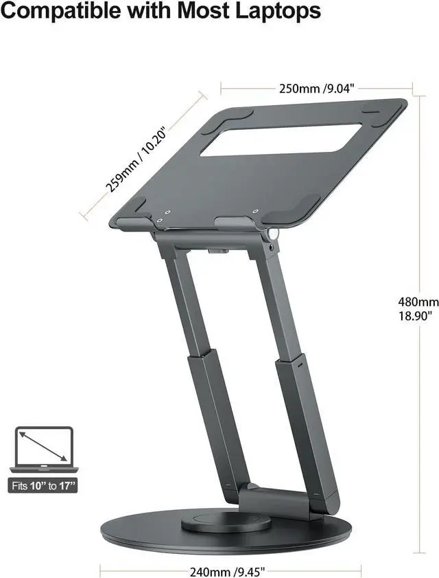 Alt view image 4 of 7 - Telescopic Laptop Stand for Desk with 360° Swivel Base, Sit to Stand, Height Adjustable, Portable Riser Holder for Good Posture, Compatible with MacBook Pro, All Laptops 10-17"-Gray