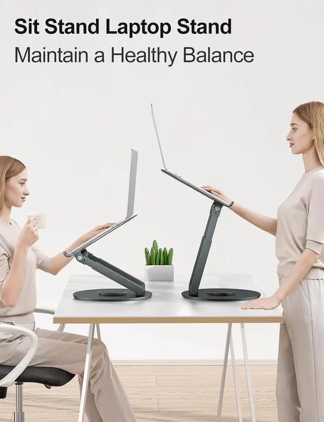 Alt view image 3 of 7 - Telescopic Laptop Stand for Desk with 360° Swivel Base, Sit to Stand, Height Adjustable, Portable Riser Holder for Good Posture, Compatible with MacBook Pro, All Laptops 10-17"-Gray