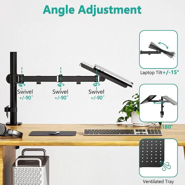 Alt view image 5 of 7 - Laptop Tray Desk Mount for 1 Laptop Notebook up to 17 inch Fully Adjustable 22 lbs Capacity with Vented Cooling Platform Stand (M00LP)