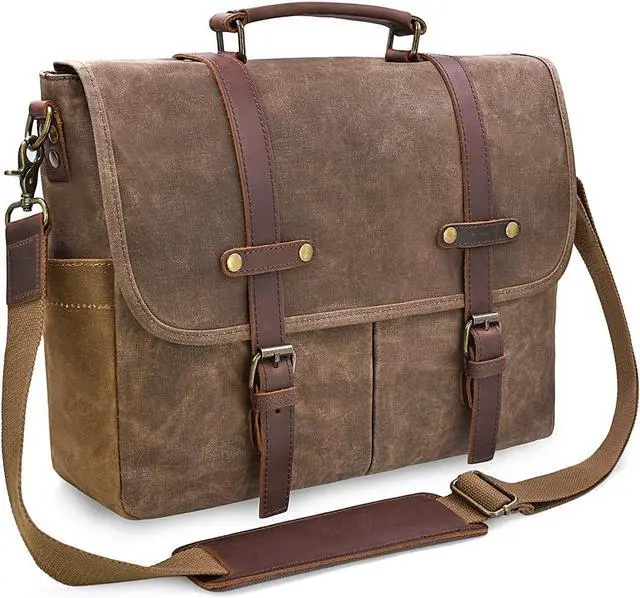 Main image of Mens Messenger Bag 15.6 Inch Waterproof Vintage Genuine Leather Waxed Canvas Briefcase Large Leather Computer Laptop Bag Rugged Satchel Shoulder Bag, Brown