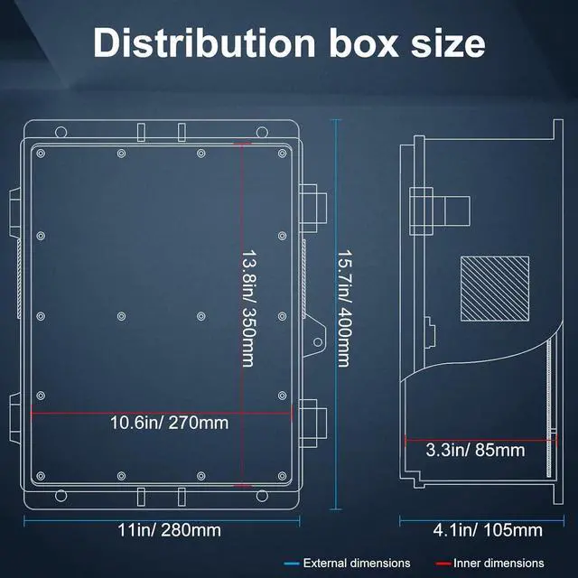 Alt view image 7 of 7 - Outdoor Electrical Junction Box with High Power Outlet, ABS Water Resistant Enclosure with Internal Mounting Panel & Hinged Cover (16"H* 12"L* 4"W)