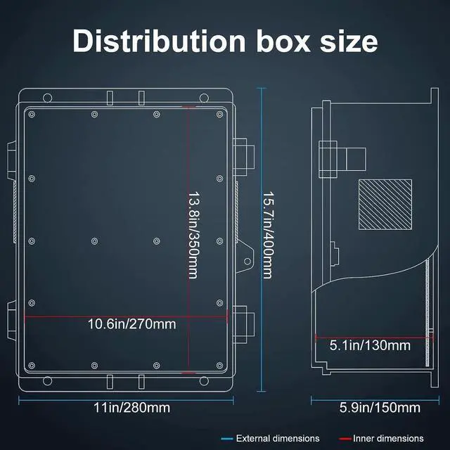 Alt view image 5 of 7 - Outdoor Electrical Junction Box with High Power Outlet, 16"H* 12"L* 5.9"W, ABS Water Resistant Enclosure with Internal Mounting Panel & Hinged Cover.