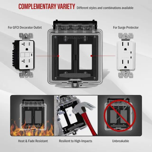 Alt view image 5 of 7 - ENERLITES 2-Gang Weatherproof Outdoor Outlet Cover Extra-Duty in-Use Outlet Cover, Outdoor Decorator/GFCI Receptacle Outlets, 6.1 H x 5.2 W x 2.5 D, IUC2V-D, Clear