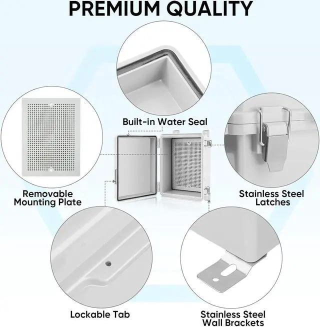Alt view image 4 of 7 - TICONN Waterproof Electrical Junction Box IP67 ABS Plastic Enclosure with Hinged Cover with Mounting Plate, Wall Brackets, Cable Glands (Off-White, 8.7"x6.7"x4.3")