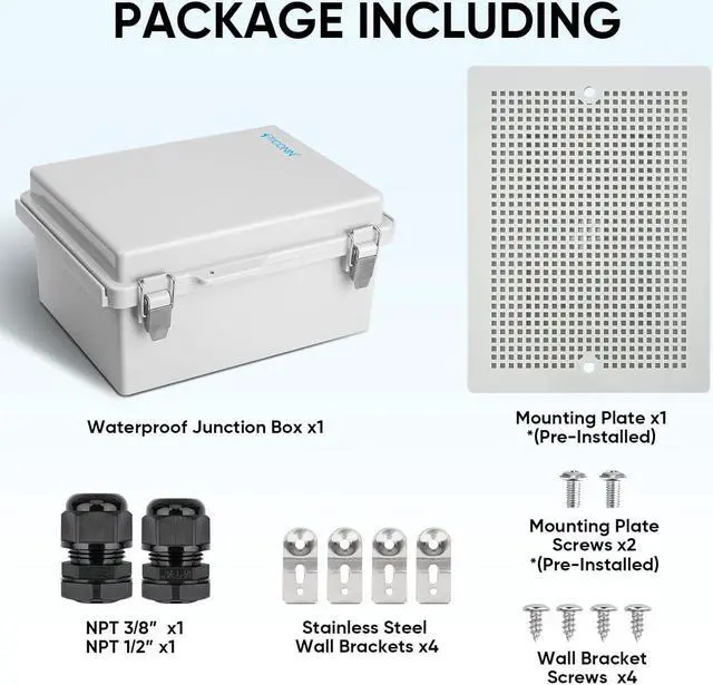 Alt view image 6 of 7 - TICONN Waterproof Electrical Junction Box IP67 ABS Plastic Enclosure with Hinged Cover with Mounting Plate, Wall Brackets, Cable Glands (Off-White, 8.7"x6.7"x4.3")