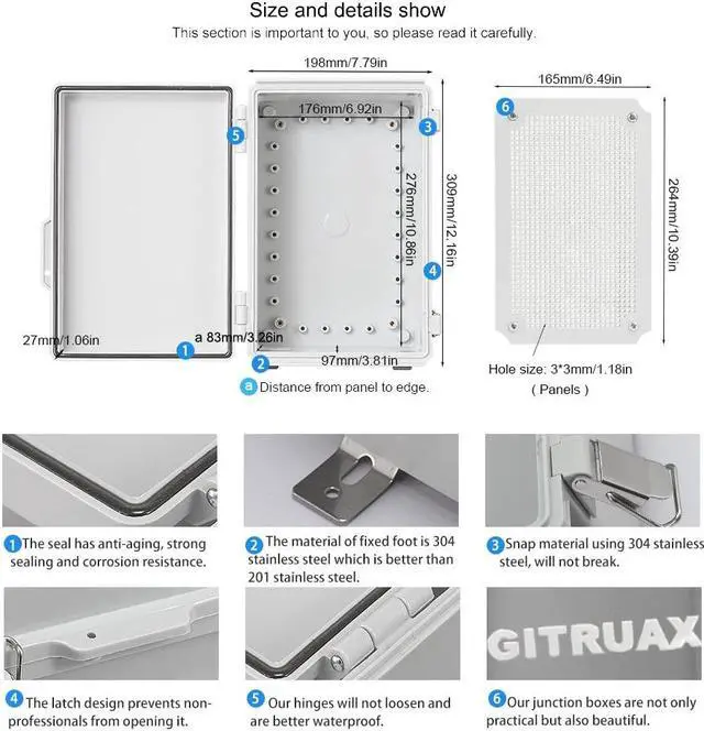 Alt view image 4 of 6 - Waterproof Electrical Enclosure Box ip67 Outdoor Junction Box Plastic ABS and Project Box (Grey, 11.8"×7.9"×5")