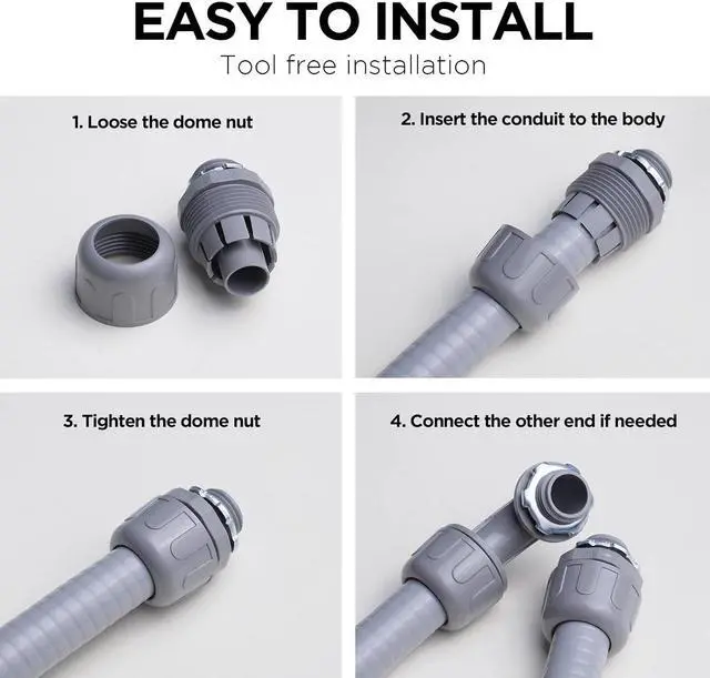 Alt view image 6 of 6 - 1/2 Inch Liquid Tight Connector NPT Non-Metallic for PVC Electrical Flexible Conduit Fittings, 180 Degree Straight, UL Listed for Home Outdoor Tubes Tools, Grey (100-Pack)