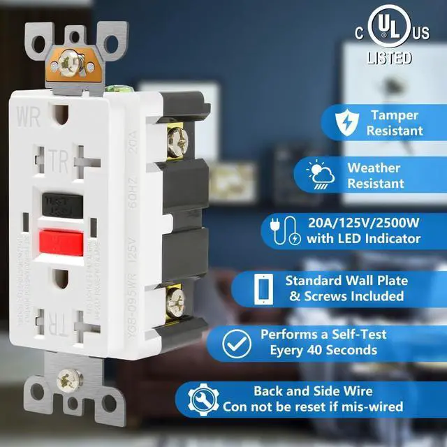 Alt view image 3 of 7 - 2 Pack - POWAWINI GFCI Outlet 20 Amp, UL Listed, Self-Test GFI Receptacles, TamperResistant, Weather Resistant, LED Indicator, with Decor Wall Plates and Screws, Indoor or Outdoor Use (Red/Black)