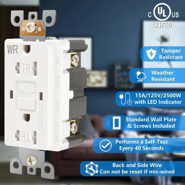 Alt view image 3 of 7 - 10 Pack - POWAWINI GFCI Outlet 15 Amp, UL Listed, Self-Test GFI Receptacles, TamperResistant, Weather Resistant, LED Indicator, with Decor Wall Plates and Screws, Indoor or Outdoor Use (White)