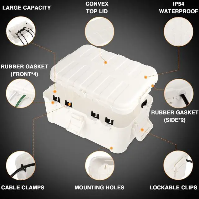 Alt view image 3 of 7 - Flemoon Large Outdoor Electrical Box (12.5 x 8.5 x 5 inch), IP54 Waterproof Outdoor Extension Cord Cover Weatherproof, Protect Outlet, Plug, Socket, Timer, Power Strip, Holiday Light Decoration, White