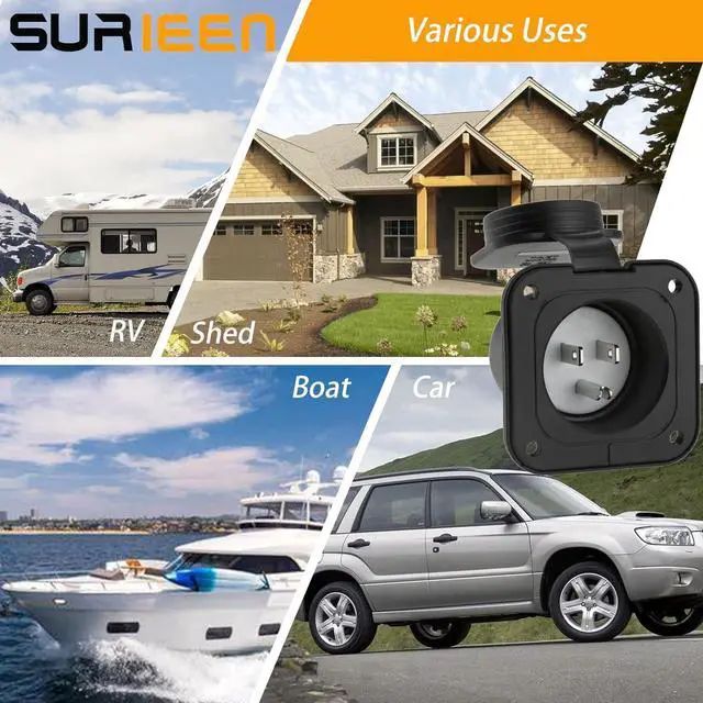 Alt view image 5 of 7 - 15 Amp Flanged Inlet, 125V NEMA 5-15P Shore Power Inlet Receptacle, AC Port Plug with Waterproof Cover Recessed Male Outlet, 2 Pole 3-Wire Straight Blade Electric Plug for RV Trailer Shed Block Heater