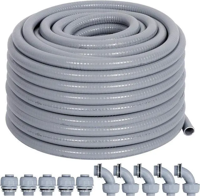 Main image of Neorexon Liquid-Tight Conduit 3/4 50ft, Electrical Conduit with Connector Kit, Flexible Conduit with 5 Straight and 5 90-Degree Conduit Connector Fittings