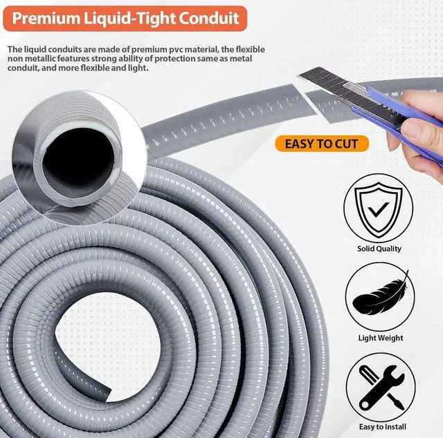 Alt view image 3 of 7 - Neorexon Liquid-Tight Conduit 3/4 50ft, Electrical Conduit with Connector Kit, Flexible Conduit with 5 Straight and 5 90-Degree Conduit Connector Fittings