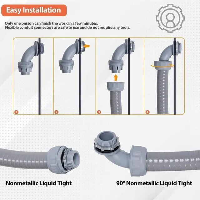 Alt view image 5 of 7 - Neorexon Liquid-Tight Conduit 3/4 50ft, Electrical Conduit with Connector Kit, Flexible Conduit with 5 Straight and 5 90-Degree Conduit Connector Fittings