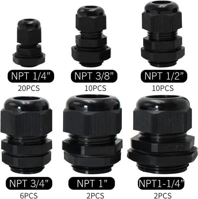 Alt view image 2 of 6 - MAKERELE Cord Grip Cable Glands Kit for Electrical Box NPT Waterproof Nylon Strain Relief 1/4 3/8 1/2 3/4 1 1-1/4 50pcs Junction case Connector Black With Gaskets