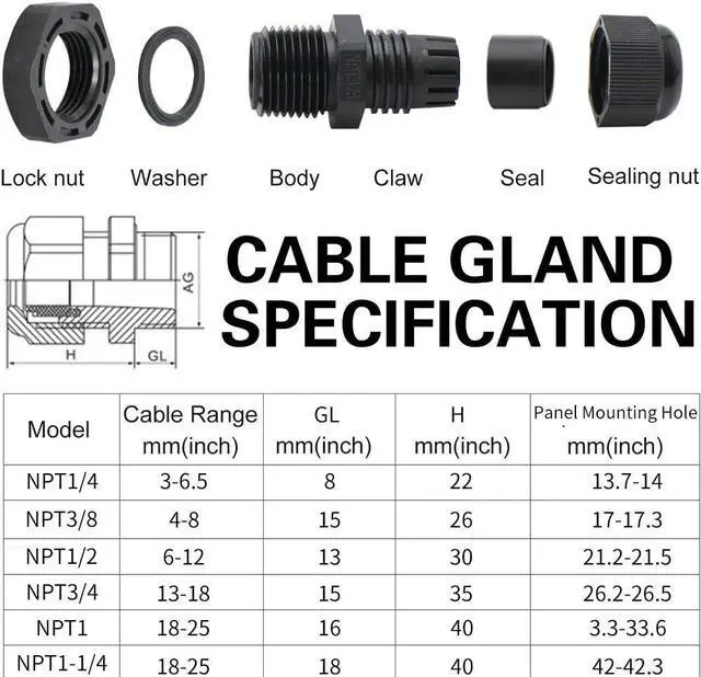 Alt view image 3 of 6 - MAKERELE Cord Grip Cable Glands Kit for Electrical Box NPT Waterproof Nylon Strain Relief 1/4 3/8 1/2 3/4 1 1-1/4 50pcs Junction case Connector Black With Gaskets