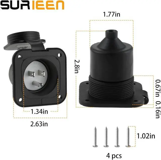 Alt view image 7 of 7 - 15 Amp Flanged Inlet, 125V NEMA 5-15P Shore Power Inlet Receptacle, AC Port Plug with Waterproof Cover Recessed Male Outlet, 2 Pole 3-Wire Straight Blade Electric Plug for RV Trailer Shed Block Heater