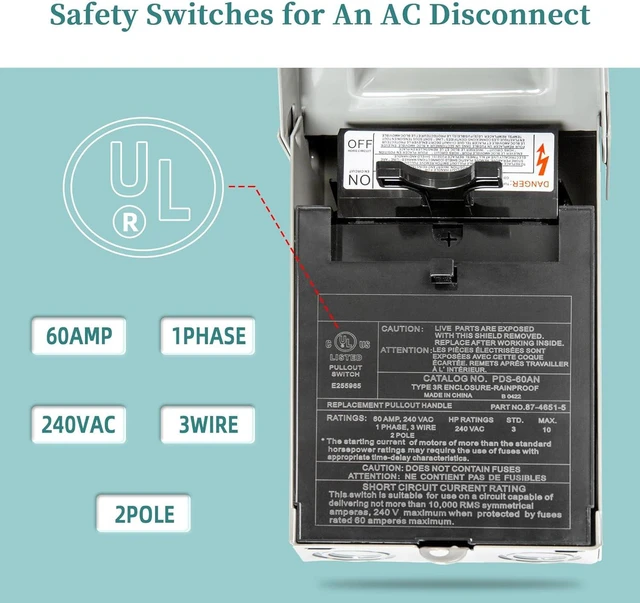 Alt view image 4 of 7 - WeCooper Disconnect Switch, Non-Fused,60A 2Pole 3Wire 1Phase 240VAC A/C,Pull Out,Metal,Grey