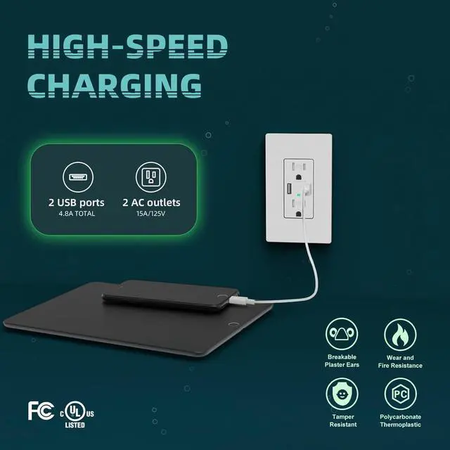 Alt view image 2 of 7 - 2Pack USB Wall Outlet, Receptacle Outlet with 4.8A Charging Capacity, 15A Tamper Resistant Electrical Socket, Screwless Wall Plate Included, UL & FCC Approved, White