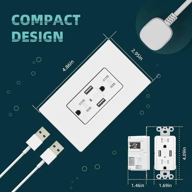 Alt view image 5 of 7 - 2Pack USB Wall Outlet, Receptacle Outlet with 4.8A Charging Capacity, 15A Tamper Resistant Electrical Socket, Screwless Wall Plate Included, UL & FCC Approved, White