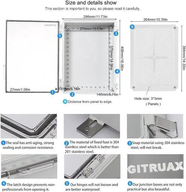 Alt view image 4 of 6 - Large Waterproof Electrical Enclosure Box ip67 Outdoor Junction Box Plastic ABS and Project Box (Clear Cover,15.8"×11.8"×7.1"T)