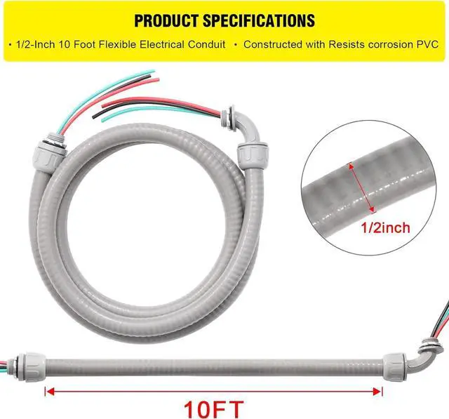 Alt view image 2 of 7 - Power Whip Assembly Kit -1/2" x 10ft Non-Metallic Liquid Tight with 10 Gauge Wire Electrical AC Whip Kit Flexible Electrical Conduit & straight/90°Fittings