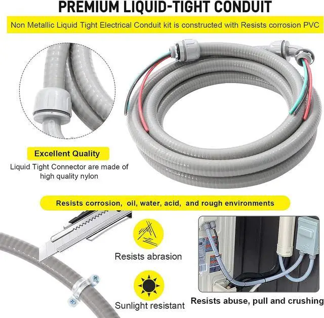 Alt view image 3 of 7 - Power Whip Assembly Kit -1/2" x 10ft Non-Metallic Liquid Tight with 10 Gauge Wire Electrical AC Whip Kit Flexible Electrical Conduit & straight/90°Fittings