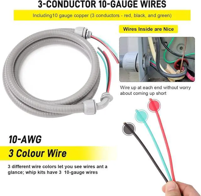 Alt view image 4 of 7 - Power Whip Assembly Kit -1/2" x 10ft Non-Metallic Liquid Tight with 10 Gauge Wire Electrical AC Whip Kit Flexible Electrical Conduit & straight/90°Fittings