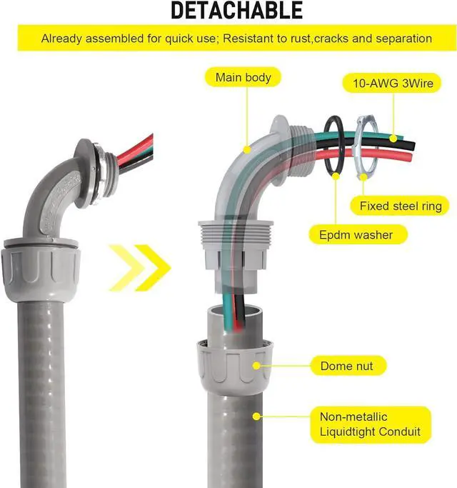 Alt view image 6 of 7 - Power Whip Assembly Kit -1/2" x 10ft Non-Metallic Liquid Tight with 10 Gauge Wire Electrical AC Whip Kit Flexible Electrical Conduit & straight/90°Fittings