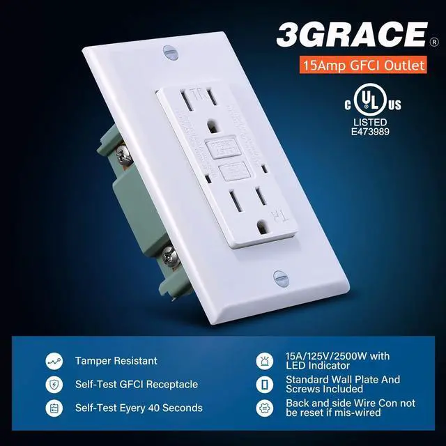 Alt view image 2 of 7 - 15 Amp GFCI Outlet, Tamper-Resistant GFI Receptacle with LED Indicator, Self-Test Ground Fault Circuit Interrupter, Decorator Wall Plates and Screws Included, UL Listed, White10 Pack