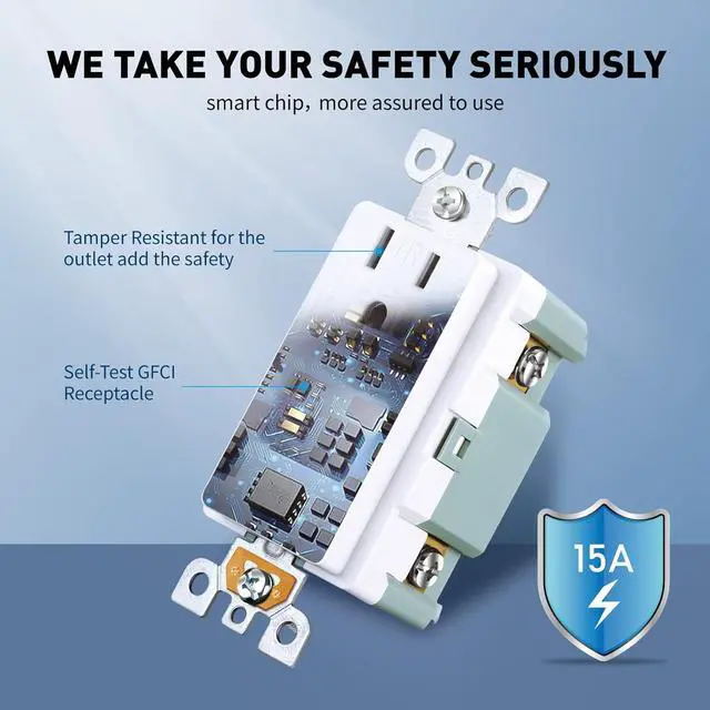 Alt view image 3 of 7 - 15 Amp GFCI Outlet, Tamper-Resistant GFI Receptacle with LED Indicator, Self-Test Ground Fault Circuit Interrupter, Decorator Wall Plates and Screws Included, UL Listed, White10 Pack
