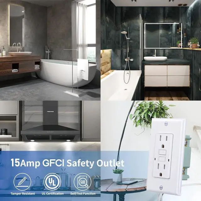 Alt view image 6 of 7 - 15 Amp GFCI Outlet, Tamper-Resistant GFI Receptacle with LED Indicator, Self-Test Ground Fault Circuit Interrupter, Decorator Wall Plates and Screws Included, UL Listed, White10 Pack