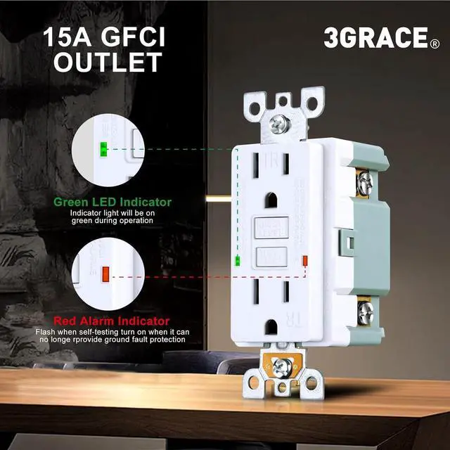 Alt view image 4 of 7 - 15 Amp GFCI Outlet, Tamper-Resistant GFI Receptacle with LED Indicator, Self-Test Ground Fault Circuit Interrupter, Decorator Wall Plates and Screws Included, UL Listed, White10 Pack