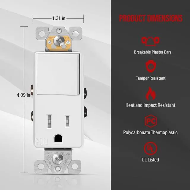 Alt view image 3 of 7 - ENERLITES Switch and Outlet Combo, Combination Decorator Paddle Switch 15A/120VAC with Tamper-Resistant Receptacle Outlet 15A/125VAC, Residential/Commercial Grade, UL Listed, 68625-TR-W, White