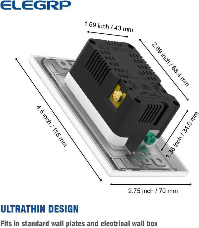 Alt view image 6 of 6 - ELEGRP USB Wall Outlet - Dual 4.0A USB Ports, 20A Tamper Resistant Receptacle, Wall Plate Included, UL Listed (10 Pack, Glossy White)