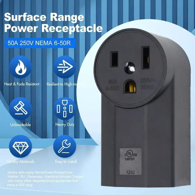 Alt view image 2 of 7 - Micmi NEMA 6-50R Receptacle 2-Pole 3-Wire Surface Mount Power Receptacle 250V 50A UL Listed, Black (NEMA 6-50R)