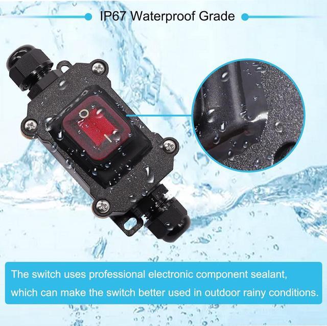 Alt view image 2 of 6 - Hmknana IP67 Waterproof Inline Cord Switch 16A/250V 20A/125V AC DPST 4Pin 2 Position On Off Outdoor Toggle Switch with Red Light Rocker Button,Two-Side Entry & Exit Line
