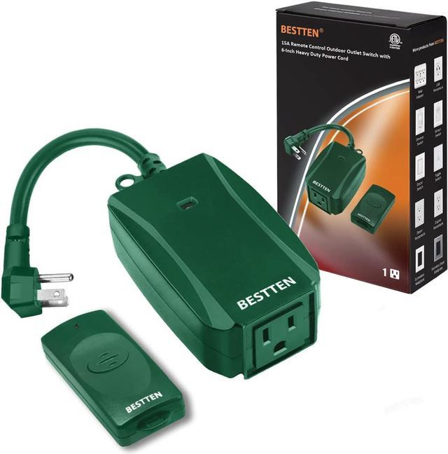 BESTTEN Remote Control Outdoor Outlet Switch with 6-Inch Heavy Duty Power  Cord, 15A/125V/1875W, ETL Certified, Green 