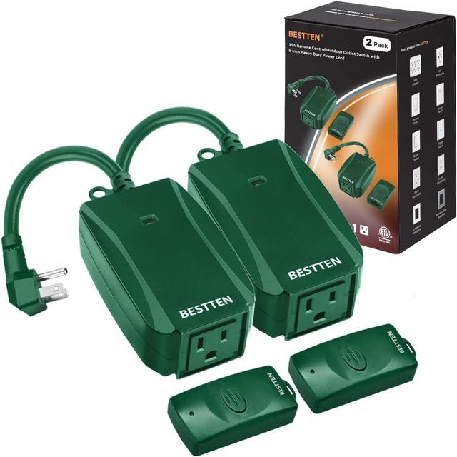 2 Pack] BESTTEN Wireless Remote Control Outdoor Outlet Switch with 6-Inch  Heavy Duty Power Cord, 15A/125V/1875W, ETL Certified, Green 