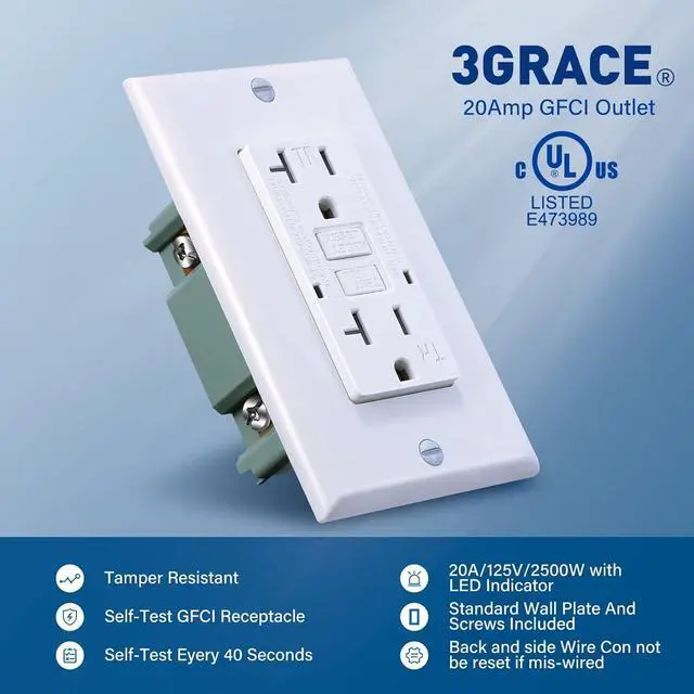 Alt view image 2 of 7 - 20 Amp GFCI Outlet, Tamper-Resistant GFI Receptacle with LED Indicator, Self-Test Ground Fault Circuit Interrupter, Decorator Wall Plates and Screws Included, UL Listed, White10 Pack