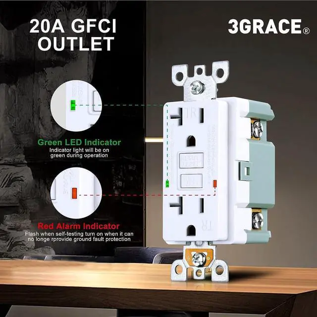 Alt view image 4 of 7 - 20 Amp GFCI Outlet, Tamper-Resistant GFI Receptacle with LED Indicator, Self-Test Ground Fault Circuit Interrupter, Decorator Wall Plates and Screws Included, UL Listed, White10 Pack