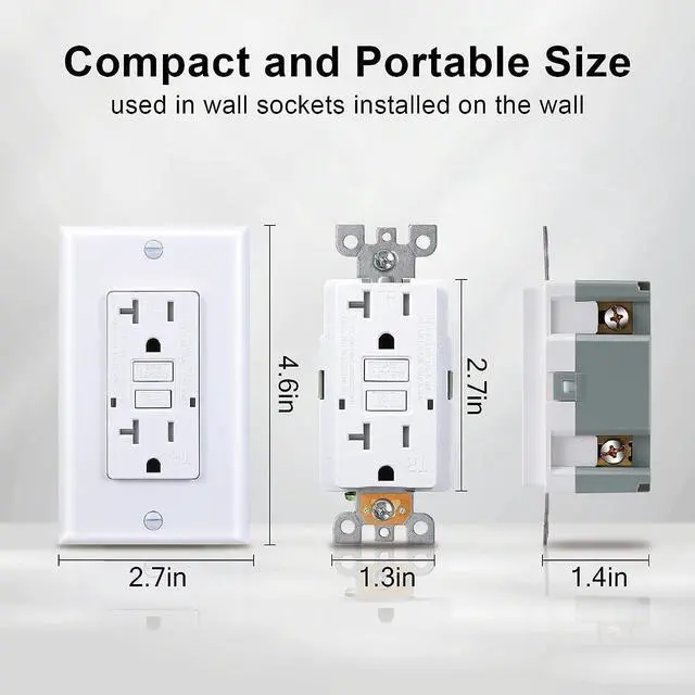 Alt view image 5 of 7 - 20 Amp GFCI Outlet, Tamper-Resistant GFI Receptacle with LED Indicator, Self-Test Ground Fault Circuit Interrupter, Decorator Wall Plates and Screws Included, UL Listed, White10 Pack