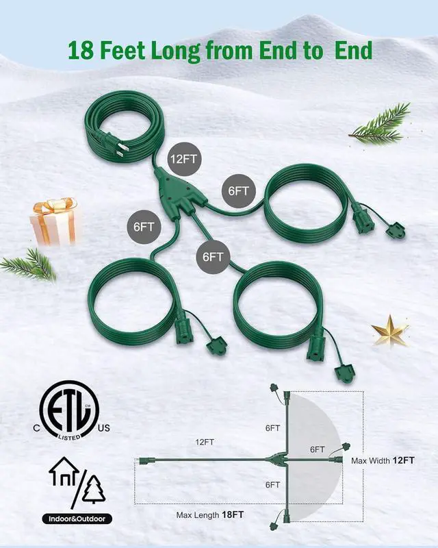 Alt view image 2 of 6 - 18 Ft Outdoor Extension Cord Multiple Outlet, 1 to 3 Outdoor Extension Cord Splitter with Safety Cover, 3 Prong Plug with 3 Extended Outlets, 16/3 SJTW Green Extension Cord Outdoor Waterproof