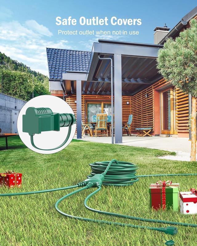 18 Ft Outdoor Extension Cord Multiple Outlet, 1 to 3 Outdoor Extension Cord  Splitter with Safety Cover, 3 Prong Plug with 3 Extended Outlets, 16/3 SJTW  Green Extension Cord Outdoor Waterproof 