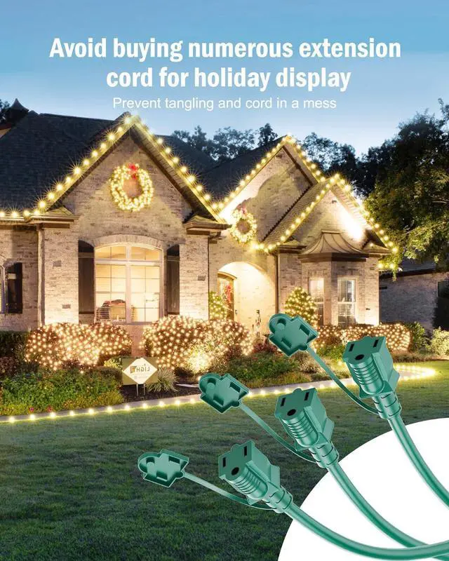 Alt view image 4 of 6 - 18 Ft Outdoor Extension Cord Multiple Outlet, 1 to 3 Outdoor Extension Cord Splitter with Safety Cover, 3 Prong Plug with 3 Extended Outlets, 16/3 SJTW Green Extension Cord Outdoor Waterproof