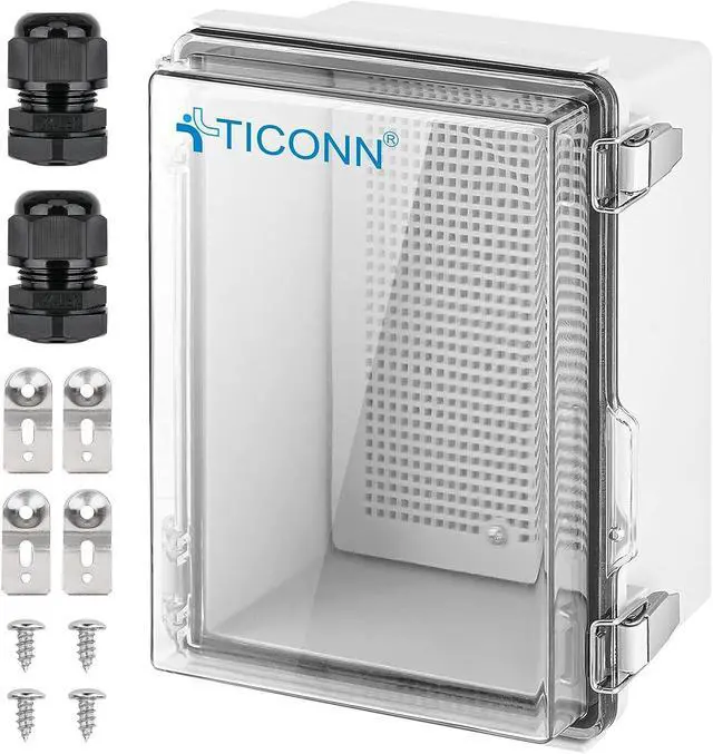 Main image of TICONN Waterproof Electrical Junction Box IP67 ABS Plastic Enclosure with Hinged Cover with Mounting Plate, Wall Brackets, Cable Glands (Clear, 8.7"x6.7"x4.3")