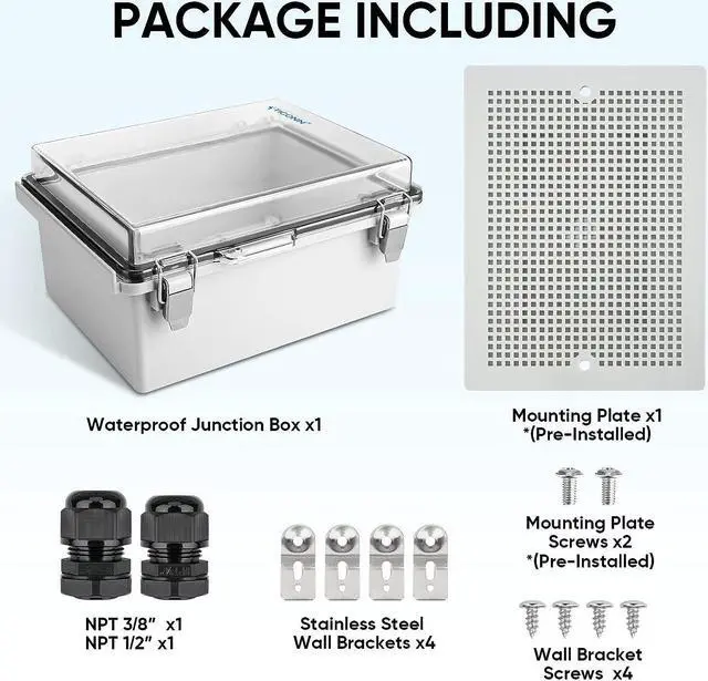 Alt view image 5 of 7 - TICONN Waterproof Electrical Junction Box IP67 ABS Plastic Enclosure with Hinged Cover with Mounting Plate, Wall Brackets, Cable Glands (Clear, 8.7"x6.7"x4.3")
